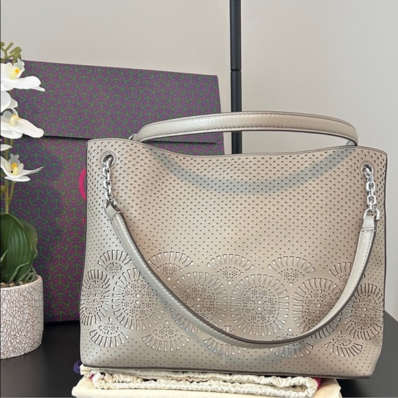 Tory Burch Taupe Perforated Shoulder Bag - Picture 4 of 14